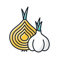 Onion and garlic color icon. Nutrition vegan food. Ripe root. Sliced vegetable. Cut bulbe. Common cold aid. Healthcare. Flu infection, influenza virus cure. Grippe help. Isolated vector illustration
