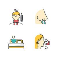 Common cold color icons set. Fever and high temperature. Drip nose. Nasal sickness. Bed rest and relaxation. Inhalation. Healthcare and medicine. Influenza virus. Isolated vector illustrations