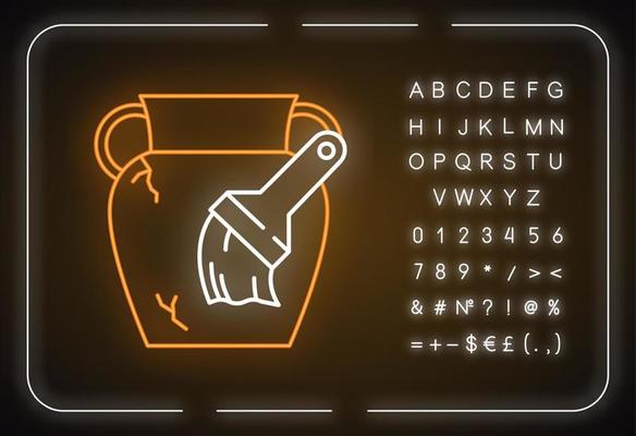 Restoration neon light icon. Damaged greek amphora. Vase, brush. Renewing ancient artifact. Antique item reconstruction. Glowing sign with alphabet, numbers and symbols. Vector isolated illustration
