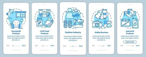 Pantalla de página de aplicación móvil de incorporación de producción local, conceptos lineales. negocio de la afición. productos domésticos. instrucciones gráficas de cinco pasos de tutorial. ux, ui, plantilla de vector de interfaz gráfica de usuario con ilustraciones