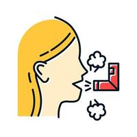 Inhalation color icon. Respiratory illness treatment. Illness aid. Asthma help. Breathing problem cure. Sick girl with sprayer. Healthcare. Common cold. Isolated vector illustration