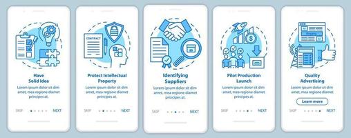 Start local production onboarding mobile app page screen, linear concepts. Identifying suppliers. Have solid idea. Five walkthrough steps graphic instruction. UX, UI, GUI vector template, illustration