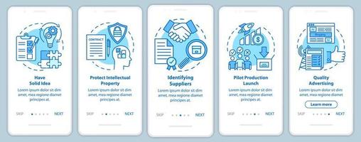 iniciar la producción local incorporando la pantalla de la página de la aplicación móvil, conceptos lineales. identificación de proveedores. tengo una idea sólida. instrucción gráfica de cinco pasos de tutorial. ux, ui, plantilla de vector de interfaz gráfica de usuario, ilustración