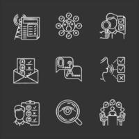 Survey methods chalk icons set. Chemical analysis. Email, internet connection poll. Public opinion. Customer satisfaction. Feedback. Data collection. Sociology. Isolated vector chalkboard illustration