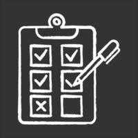 Written survey chalk icon. Choosing option. Tick checkbox. Evaluation test. Select answer. Correct, incorrect. Questionnaire. Paper research. Page on clipboard. Isolated vector chalkboard illustration