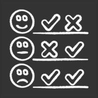 Checklist chalk icon. Choosing option. Good, bad experience. Voting. Check list. Agree, disagree. Satisfaction level. Positive, negative. Multiple opinions. Isolated vector chalkboard illustration