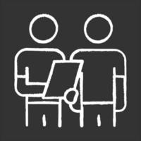 Oral survey chalk icon. Two people Interviewing. Question and answer. Teamwork and communication. dialogue and talk. Recruiter with employee. Info collection. Isolated vector chalkboard illustration