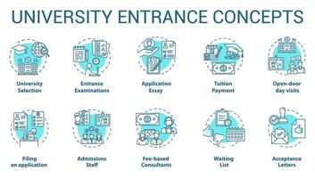 University entrance concept icons set. Academy selection, preparation of documents, exams and admission idea thin line illustrations. Vector isolated outline drawings. Editable stroke