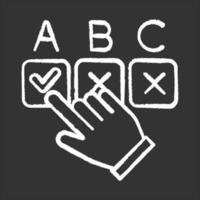 Choosing option chalk icon. Hand picking checkbox. Selecting answer. Making decision. Online survey. Anonymous feedback. Click button. Voting, questionnaire. Isolated vector chalkboard illustration