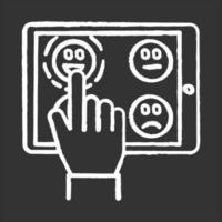 Online survey chalk icon. Share feedback. Choosing positive and negative option. Hand picking emoticon on tablet. Anonymous poll. Customer satisfaction level. Isolated vector chalkboard illustration