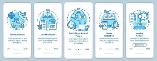Advantages of local production onboarding mobile app page screen with linear concepts. Five walkthrough steps graphic instructions. Communication. UX, UI, GUI vector template with illustrations