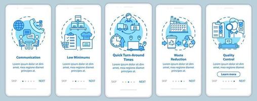 Advantages of local production onboarding mobile app page screen with linear concepts. Five walkthrough steps graphic instructions. Communication. UX, UI, GUI vector template with illustrations