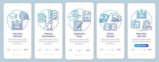 University entrance onboarding mobile app page screen vector template. Tuition payment. Essay, exam. Walkthrough website steps with linear illustrations. UX, UI, GUI smartphone interface concept