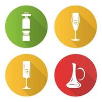 Conjunto de iconos de glifo de larga sombra de diseño plano de bodega. conservante de vino, copas de vino, decantador. cristalería de alcohol. bebida de aperitivo. bar, sommelier de pub, barman tool. ilustración de silueta de vector