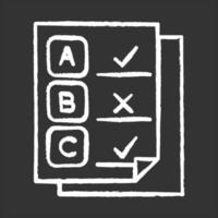 Written survey chalk icon. Exam papers. Test document. Questionnaire page. Choose options. Select checkmark. Correct, wrong answers. Data report. Info analysis. Isolated vector chalkboard illustration