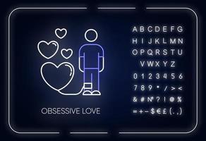 Obsessive love neon light icon. Possessive relationship. Attachment to lover. Compulsive affection. Mental disorder. Glowing sign with alphabet, numbers and symbols. Vector isolated illustration