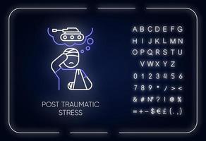 Post-traumatic stress neon light icon. Veteran with anxiety. Depressed soldier. PTSD psychotherapy. Mental disorder. Glowing sign with alphabet, numbers and symbols. Vector isolated illustration