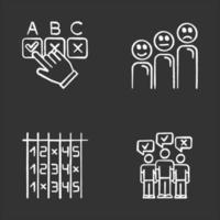 Survey chalk icons set. Choosing correct option. Customer satisfaction level. Positive and negative emoticons. Select number. Checklist. Mass poll. Vote. Isolated vector chalkboard illustrations