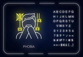 Phobia neon light icon. Fear of spiders. Arachnophobia. Frightened, terrified man. Horror. Panic attack. Mental disorder. Glowing sign with alphabet, numbers and symbols. Vector isolated illustration