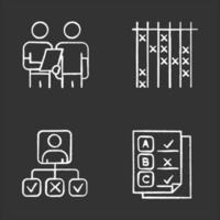 Survey chalk icons set. Interview, questioning. Checklist mark. Info analysis. Personal profile. Questionnaire, written test. Check list, select option. Isolated vector chalkboard illustrations