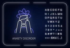 Anxiety disorder neon light icon. Fear and worry. Depressed man. Headache and migraine. Confused thoughts. Mental problem. Glowing sign with alphabet, numbers and symbols. Vector isolated illustration