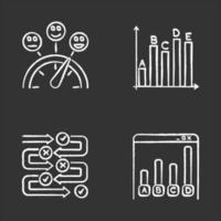 Survey chalk icons set. Satisfaction level. Evaluation scale. Assessment meter. Statistics analysis. Questioning process. Correct and wrong. Online data. Isolated vector chalkboard illustrations