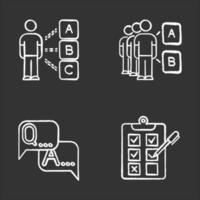 Survey chalk icons set. Personal questioning. Social opinion. Group test. FAQ sign. Question and answer. Written checklist. Share opinion. Tick checkbox. Isolated vector chalkboard illustrations