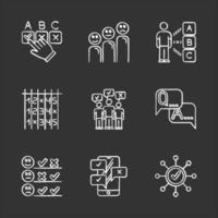 Survey chalk icons set. Choosing checkbox. Correct and wrong answer. Satisfaction level. Feedback. Select option. Mass survey. Online poll. FAQ sign. Isolated vector chalkboard illustrations