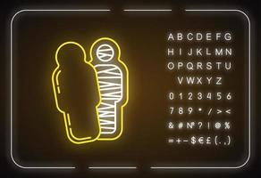 Mummy neon light icon. Pharaoh in sarcophagus. Dead body in coffin. Religion and mythology. Ancient egyptian culture. Glowing sign with alphabet, numbers and symbols. Vector isolated illustration