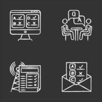 Survey methods chalk icons set. Online, email, internet connection poll. Interview. Public opinion. Customer review. Feedback. Data collection. Isolated vector chalkboard illustrations