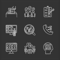 Survey methods chalk icons set. Telephone, online poll. Rating. Interview. Public opinion. Customer satisfaction, review. Feedback. Data collection. Sociology. Isolated vector chalkboard illustrations