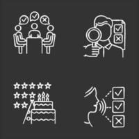 Survey methods chalk icons set. Group administered questionnaire. High rating. Public opinion. Customer audio review. Event evaluation, expert survey. Isolated vector chalkboard illustrations