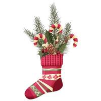 calcetín navideño con ramas de abeto y piruletas. vector. ilustración aislada en un fondo blanco. vector
