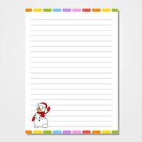 Sheet template for notebook, notepad, diary. Lined paper. Cute character. With a color image. Isolated vector illustration. cartoon style.