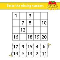 Paste the missing numbers 1-20. Game for children. Handwriting practice. Learning numbers for kids. Education developing worksheet. Activity page. Isolated vector illustration in cute cartoon style.