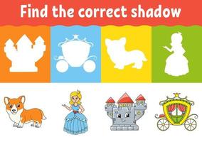 Find the correct shadow. Education worksheet. Matching game for kids. Fairytale theme. Color activity page. Puzzle for children. Cartoon character. Isolated vector illustration.