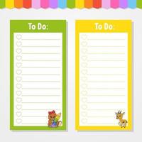 To do list for kids. Empty template. The rectangular shape. Isolated color vector illustration. Funny character. cartoon style. For the diary, notebook, bookmark.