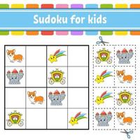 Sudoku for kids. Fairytale theme. Education developing worksheet. Activity page with pictures. Puzzle game for children. Isolated vector illustration. Funny character. Cartoon style.