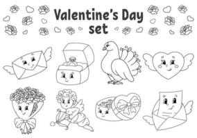 Coloring book for kids. Valentine's Day clipart. Cheerful characters. Vector illustration. Cute cartoon style. Black contour silhouette. Isolated on white background.
