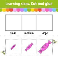 Learning sizes. Cut and glue. Easy level. Color activity worksheet. Game for children. Cartoon character. Vector illustration.