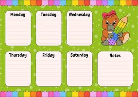 School schedule. Timetable for schoolboys. Empty template. Weekly planer with notes. Isolated color vector illustration. cartoon character.