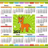 calendario para 2022 con un lindo personaje. diseño divertido y brillante. Ilustración de vector de color aislado. estilo de dibujos animados.