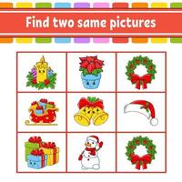 Find two same pictures. Task for kids. Education developing worksheet. Activity page. Color game for children. Funny character. Isolated vector illustration. cartoon style. Christmas theme.