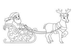 Santa Claus carries Christmas presents on a reindeer sleigh. Coloring book page for kids. Cartoon style character. Vector illustration isolated on white background.