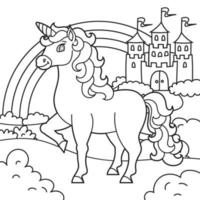 lindo unicornio. caballo de hadas mágico. paisaje con un hermoso castillo. página de libro para colorear para niños. estilo de dibujos animados. ilustración vectorial aislado sobre fondo blanco. vector
