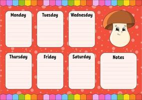 School schedule. Timetable for schoolboys. Empty template. Weekly planer with notes. Isolated color vector illustration. cartoon character.