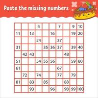 Paste the missing numbers from 1 to 100. Handwriting practice. Learning numbers for kids. Education developing worksheet. Activity page. Game for children. vector