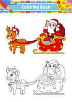 Santa Claus sleigh. Winter deer. Christmas theme. Coloring book page for kids. Cartoon style. Vector illustration isolated on white background.