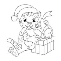 Cute tiger cub in a Christmas hat. Coloring book page for kids. Cartoon style character. Vector illustration isolated on white background.