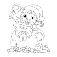 A cute tiger cub sits in a bag with gifts and sweets. Coloring book page for kids. Cartoon style character. Vector illustration isolated on white background.